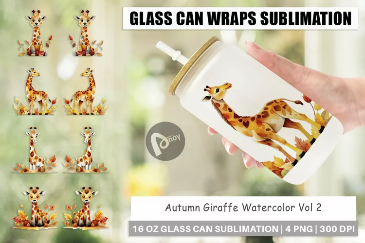 Glass Can Wraps Autumn Giraffe Watercolor