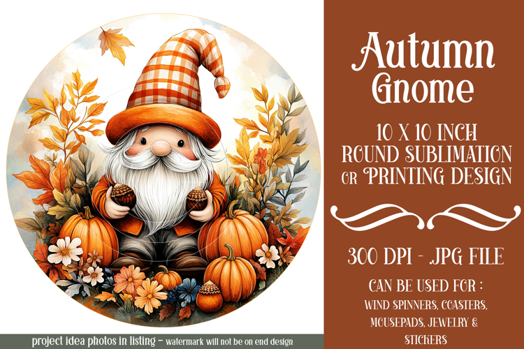 Autumn Gnome Wind Spinner, Autumn Gnome Round Design, d9