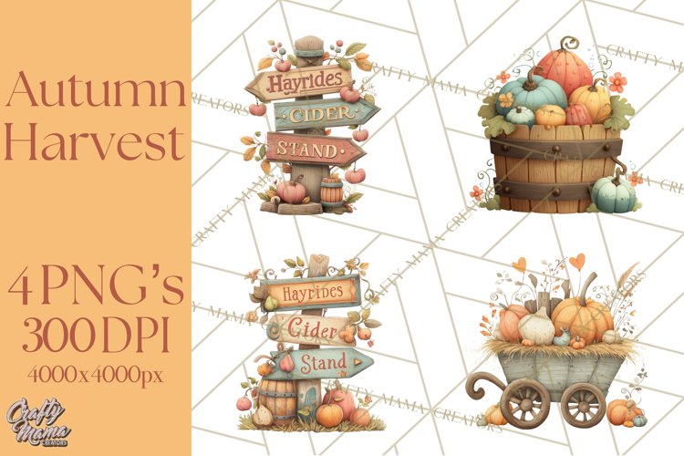 Autumn Harvest PNG Clipart with Pumpkins, Hay, Apples