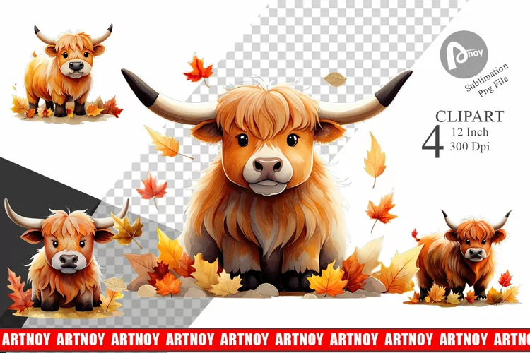 Autumn Highland Cow Watercolor Clipart