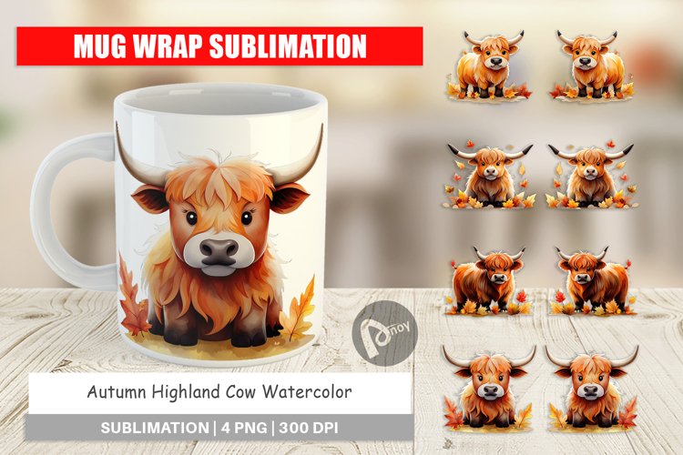Mug Wrap Design Autumn Highland Cow Watercolor example image 1