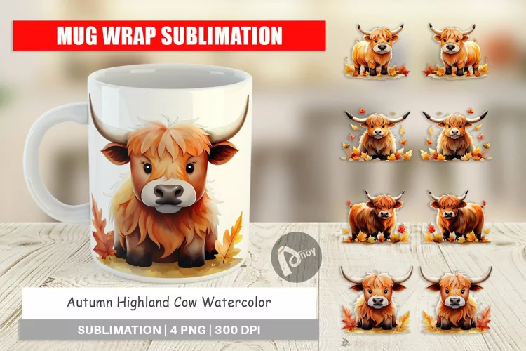 Mug Wrap Design Autumn Highland Cow Watercolor