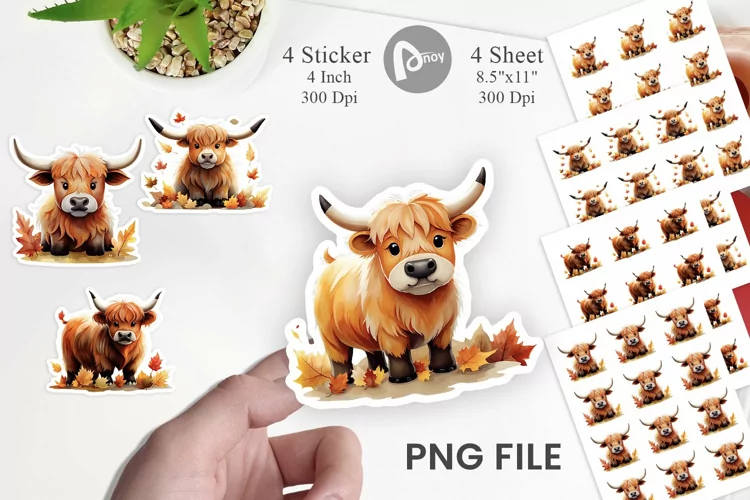 Autumn Highland Cow Watercolor Sticker