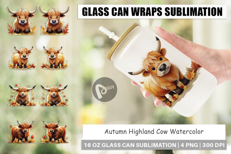 Glass Can Wraps Autumn Highland Cow Watercolor