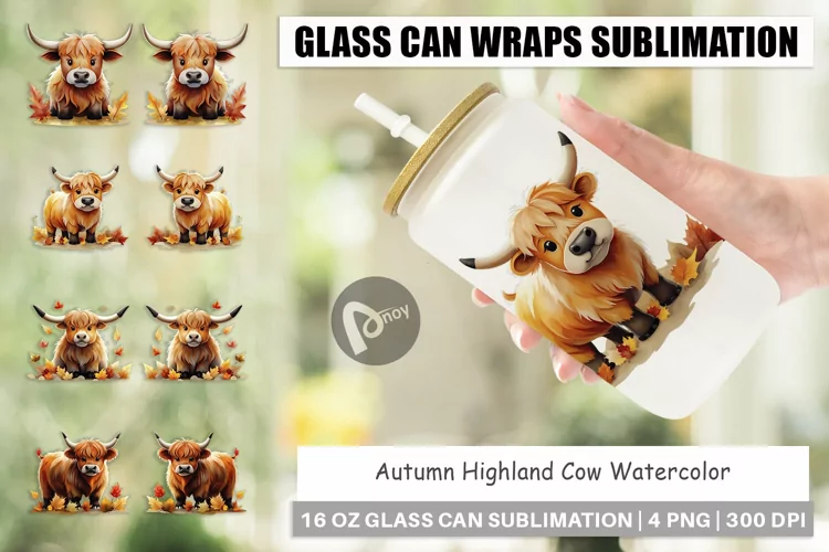 Glass Can Wraps Autumn Highland Cow Watercolor