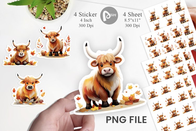 Autumn Highland Cow Watercolor Sticker