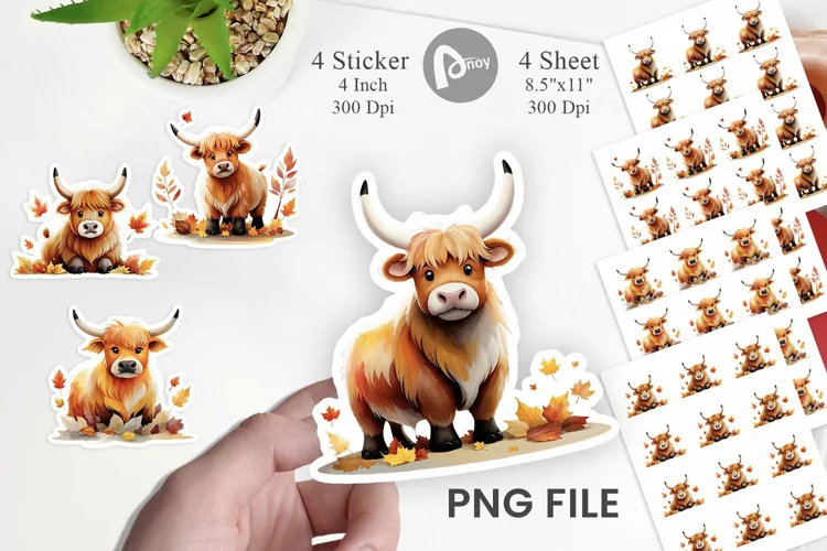 Autumn Highland Cow Watercolor Sticker