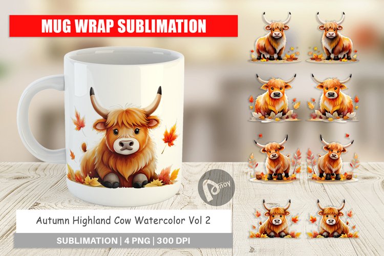 Mug Wrap Design Autumn Highland Cow Watercolor