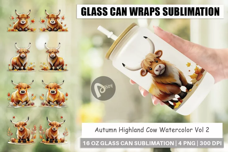 Glass Can Wraps Autumn Highland Cow Watercolor