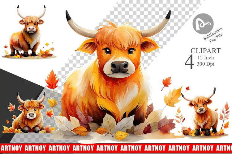 Autumn Highland Cow Watercolor Clipart