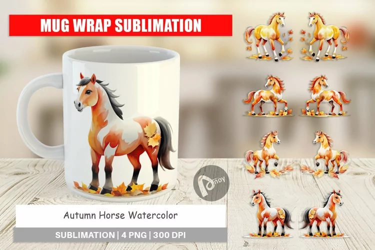 Mug Wrap Design Autumn Horse Watercolor