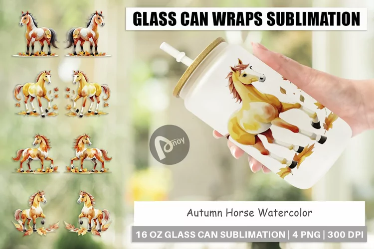 Glass Can Wraps Autumn Horse Watercolor