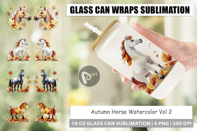 Glass Can Wraps Autumn Horse Watercolor example image 1