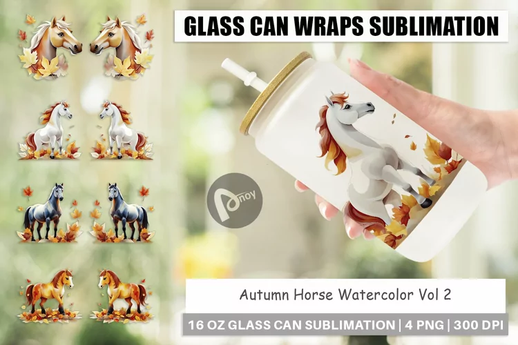 Glass Can Wraps Autumn Horse Watercolor
