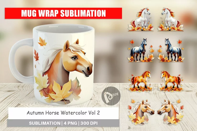 Mug Wrap Design Autumn Horse Watercolor
