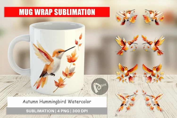Mug Wrap Design Autumn Hummingbird Watercolor