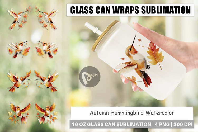 Glass Can Wraps Autumn Hummingbird Watercolor