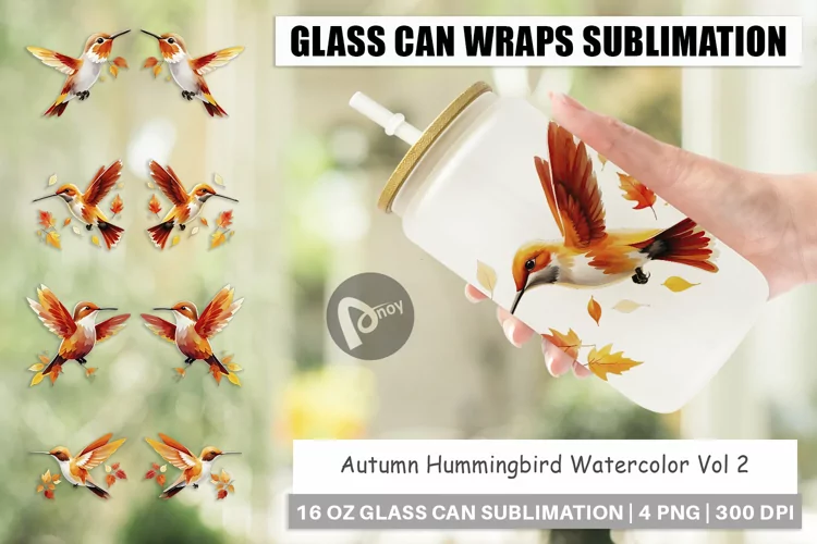 Glass Can Wraps Autumn Hummingbird Watercolor
