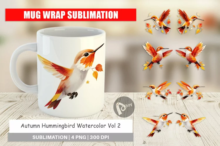 Mug Wrap Design Autumn Hummingbird Watercolor