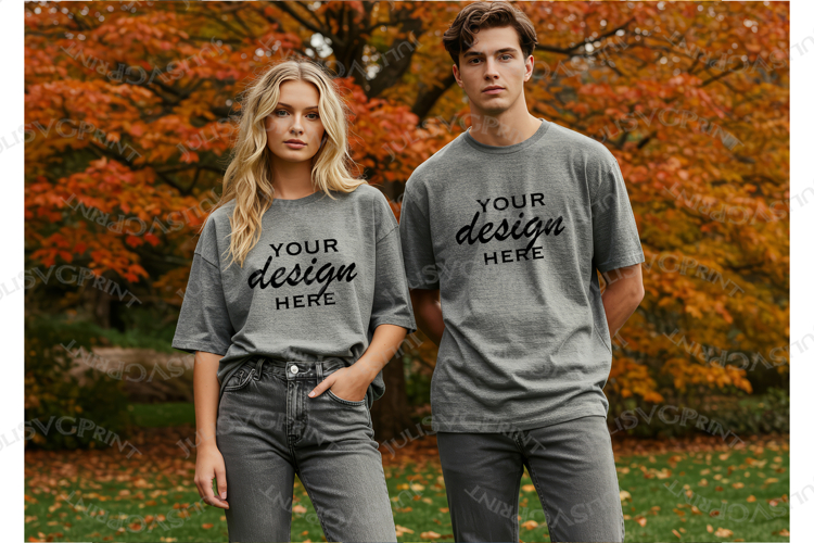 Grey shirt couple mockup, tshirt model autumn Mock up JPG
