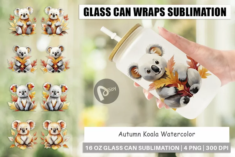 Glass Can Wraps Autumn Koala Watercolor