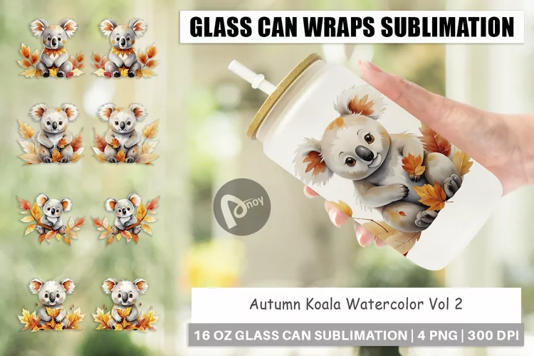 Glass Can Wraps Autumn Koala Watercolor