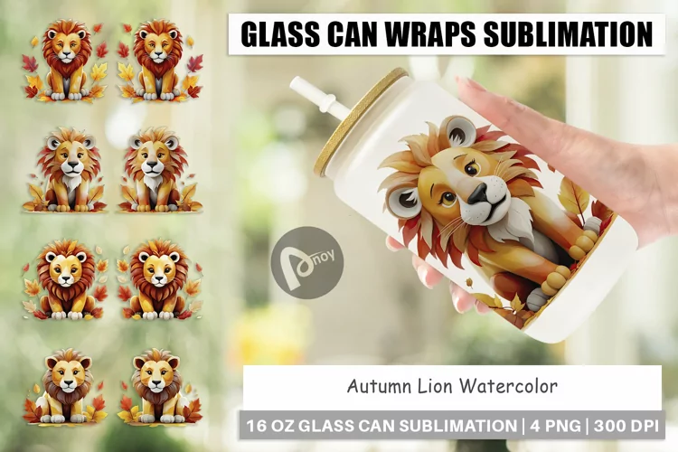 Glass Can Wraps Autumn Lion Watercolor