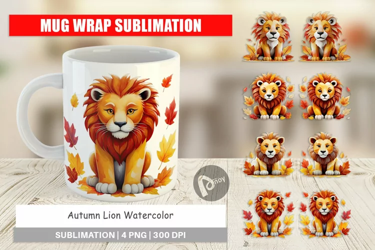 Mug Wrap Design Autumn Lion Watercolor