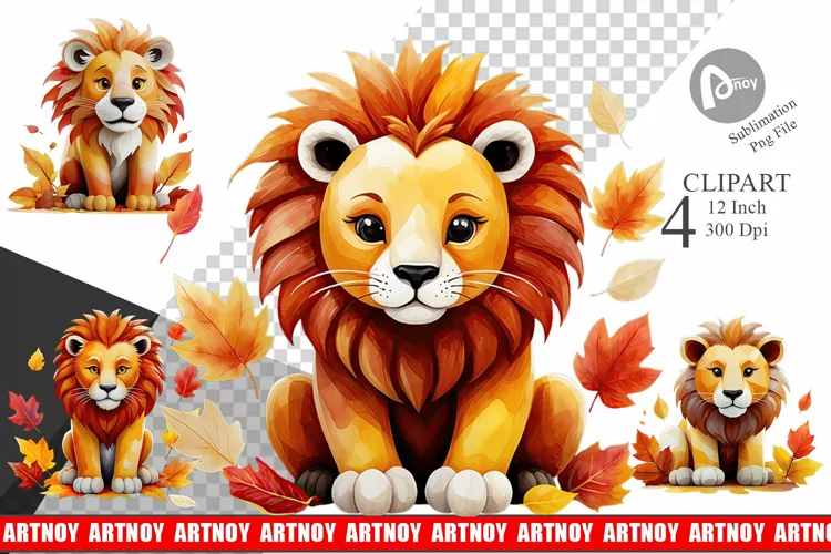 Autumn Lion Watercolor Clipart