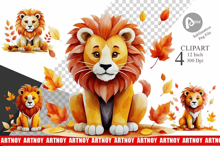 Autumn Lion Watercolor Clipart