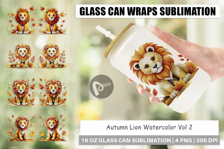 Glass Can Wraps Autumn Lion Watercolor