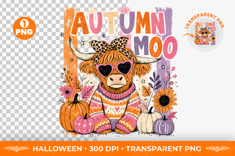 Autumn Moo Highland Cow Brushstroke T-Shirt Design PNG