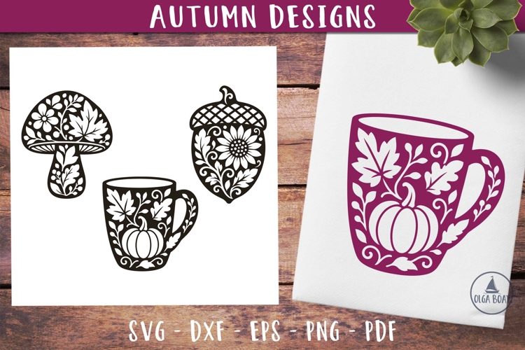 Autumn Mug Mushroom Acorn SVG Silhouette