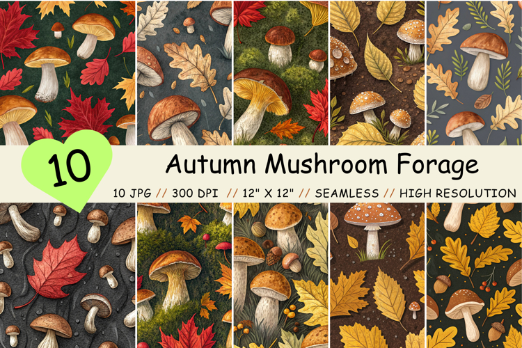 Autumn Mushroom Forage Seamless Pattern, Digital Paper