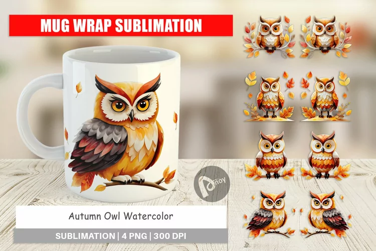 Mug Wrap Design Autumn Owl Watercolor