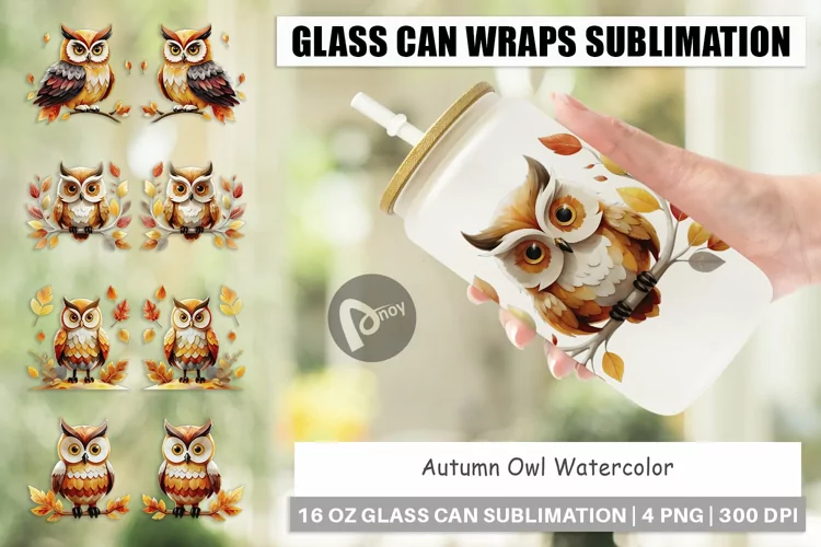 Glass Can Wraps Autumn Owl Watercolor