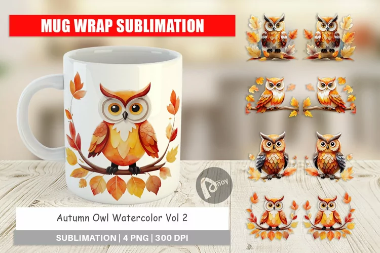 Mug Wrap Design Autumn Owl Watercolor