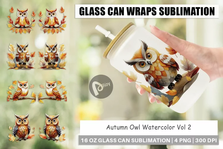 Glass Can Wraps Autumn Owl Watercolor