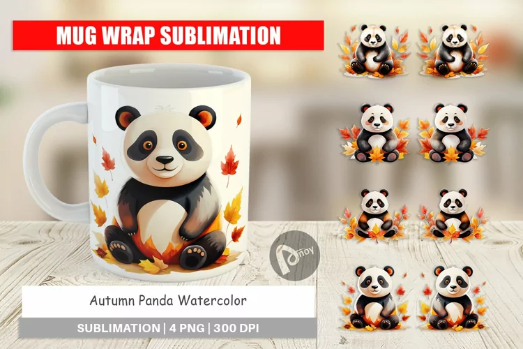 Mug Wrap Design Autumn Panda Watercolor
