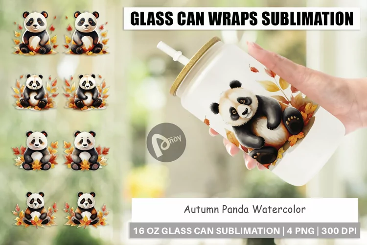 Glass Can Wraps Autumn Panda Watercolor