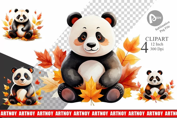 Autumn Panda Watercolor Clipart