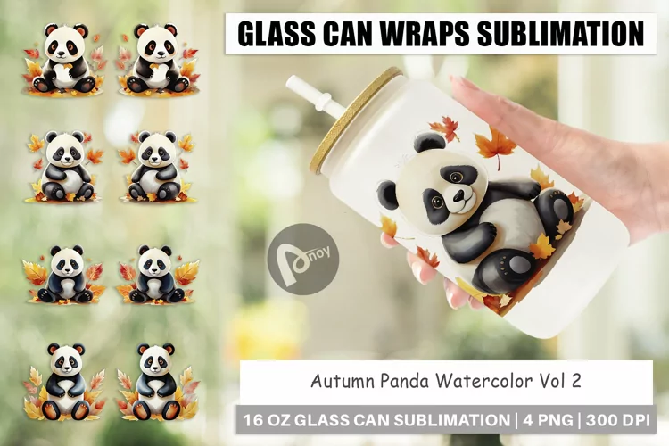 Glass Can Wraps Autumn Panda Watercolor