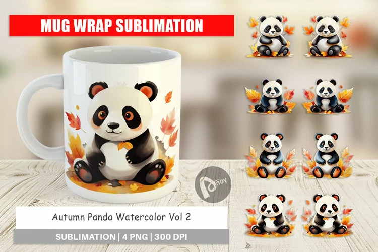 Mug Wrap Design Autumn Panda Watercolor