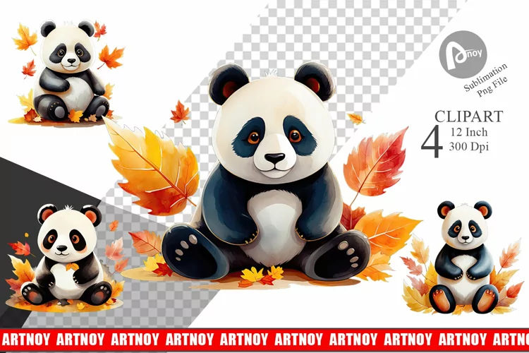 Autumn Panda Watercolor Clipart