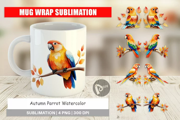 Mug Wrap Design Autumn Parrot Watercolor