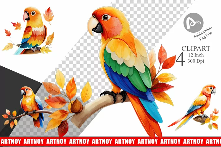 Autumn Parrot Watercolor Clipart