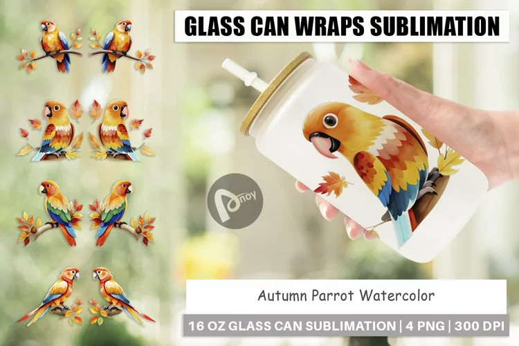Glass Can Wraps Autumn Parrot Watercolor