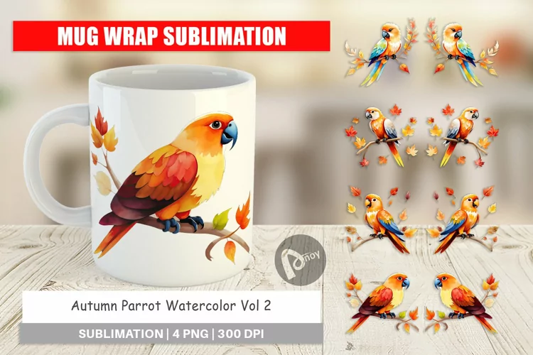 Mug Wrap Design Autumn Parrot Watercolor