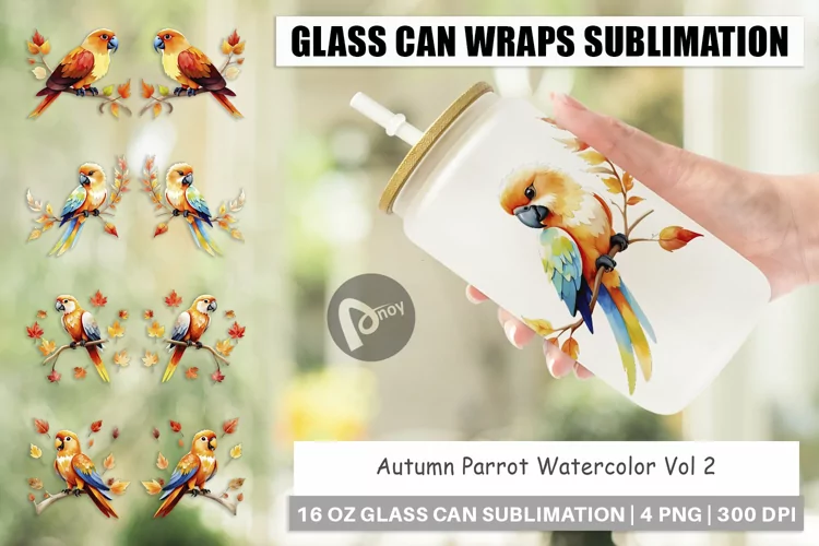 Glass Can Wraps Autumn Parrot Watercolor