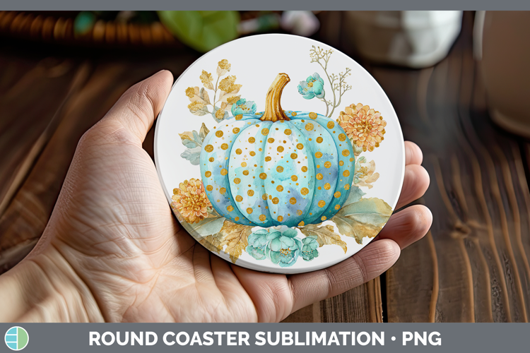 Blue Pumpkin Autumn Pastel Brush Strokes Round Coaster Subli